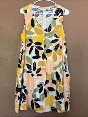 Rachel Zoe Womens Small Yellow Pink Floral 100% Linen V-Neck Sleeveless Dress